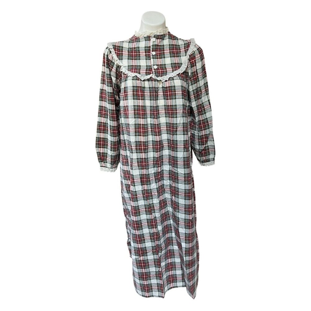 Vintage 1970s Lanz Of Salzburg Plaid Cotton Nightgown With Lace Trim & Button